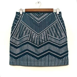 Express Embellished Mini Skirt Beads Sequins Teal Blue Stretchy Women’s S  NWOT